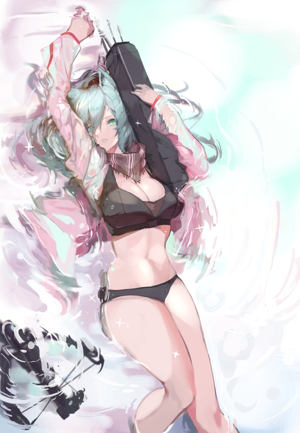 arknights, bikini, cleavage, dokuro_deluxe, open_shirt, schwarz_(arknights), swimsuits, weapon, wet