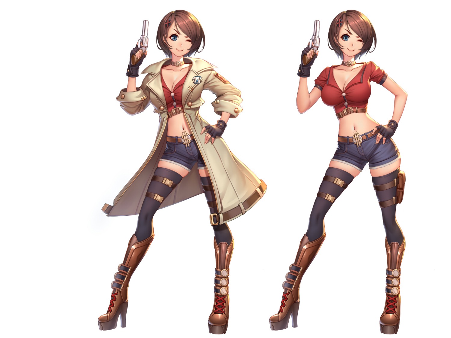 cleavage, garter, gun, heels, jurrig, thighhighs, wallpaper