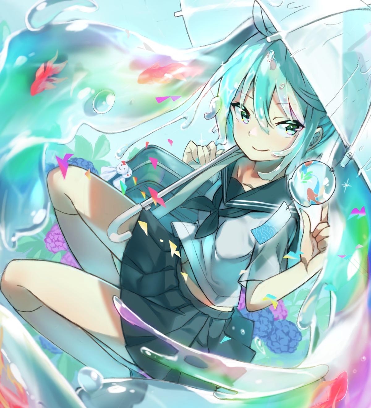 hatsune_miku, marubo, seifuku, skirt_lift, umbrella, vocaloid