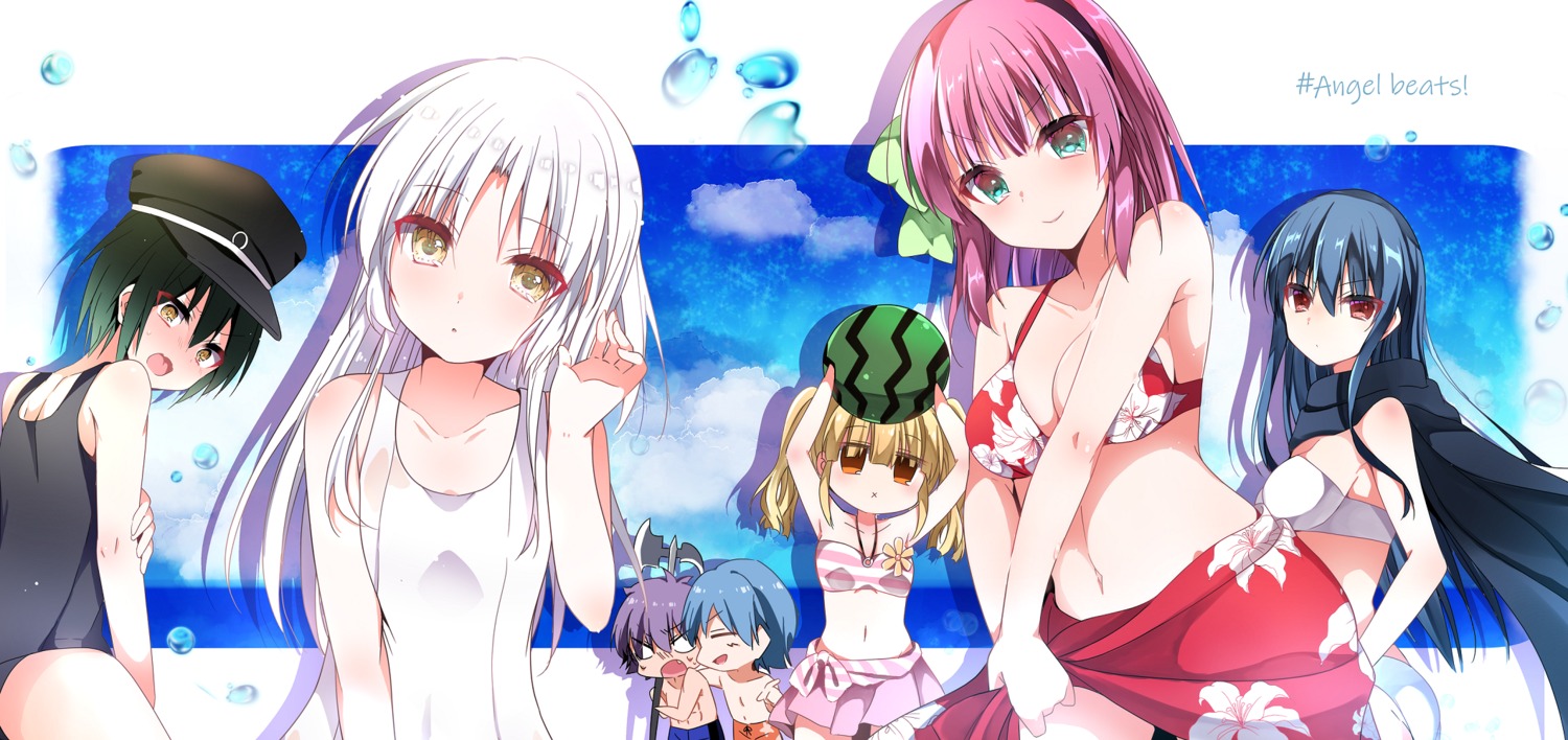 angel_beats!, bikini_top, hinata_hideki, nakamura_yuri, naoi_ayato, school_swimsuit, shiina, skirt_lift