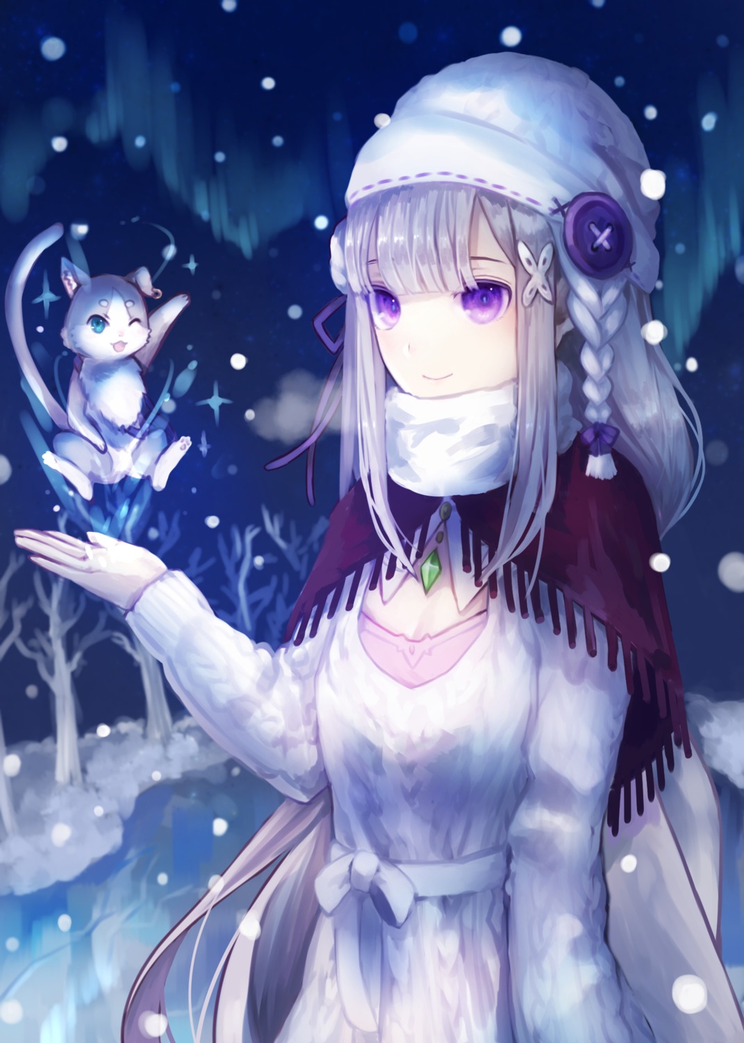 cleavage, emilia_(re_zero), neko, nomuraumu, pack_(re_zero), re:zero_kara_hajimeru_isekai_seikatsu, sweater