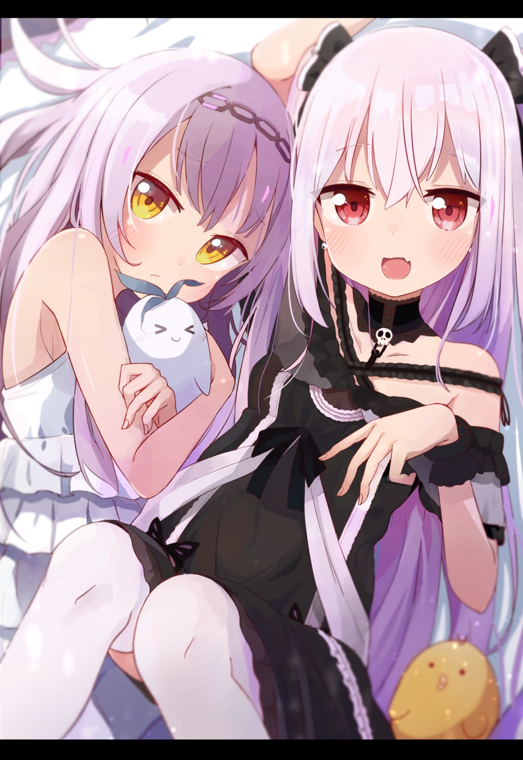 dress, hololive, murasaki_shion, okota_mikan, skirt_lift, thighhighs, uruha_rushia