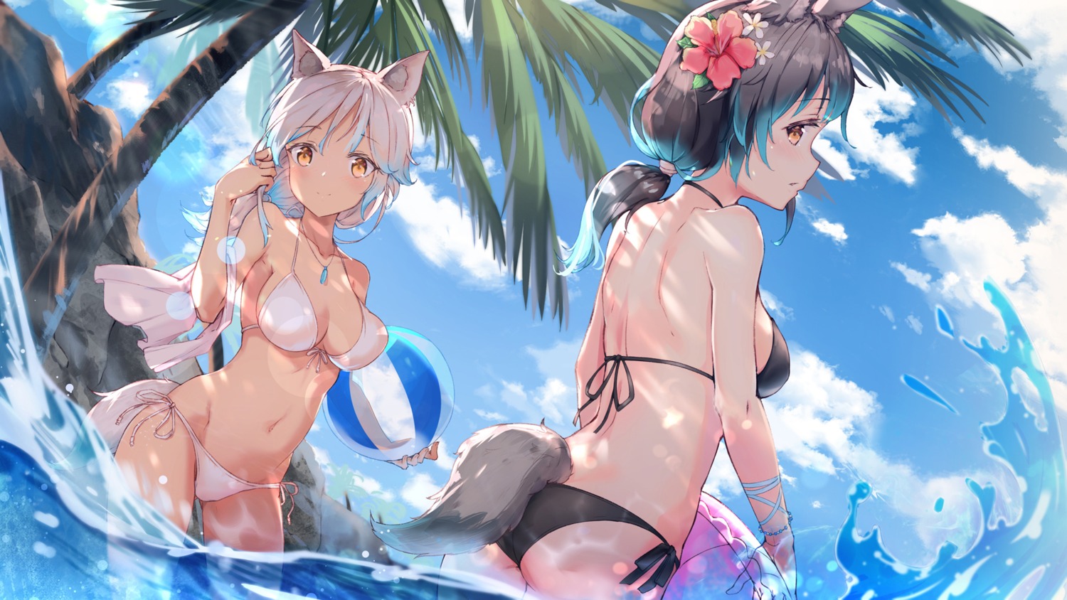 animal_ears, ass, bikini, kyaroru, nekomimi, swimsuits, tail, wallpaper