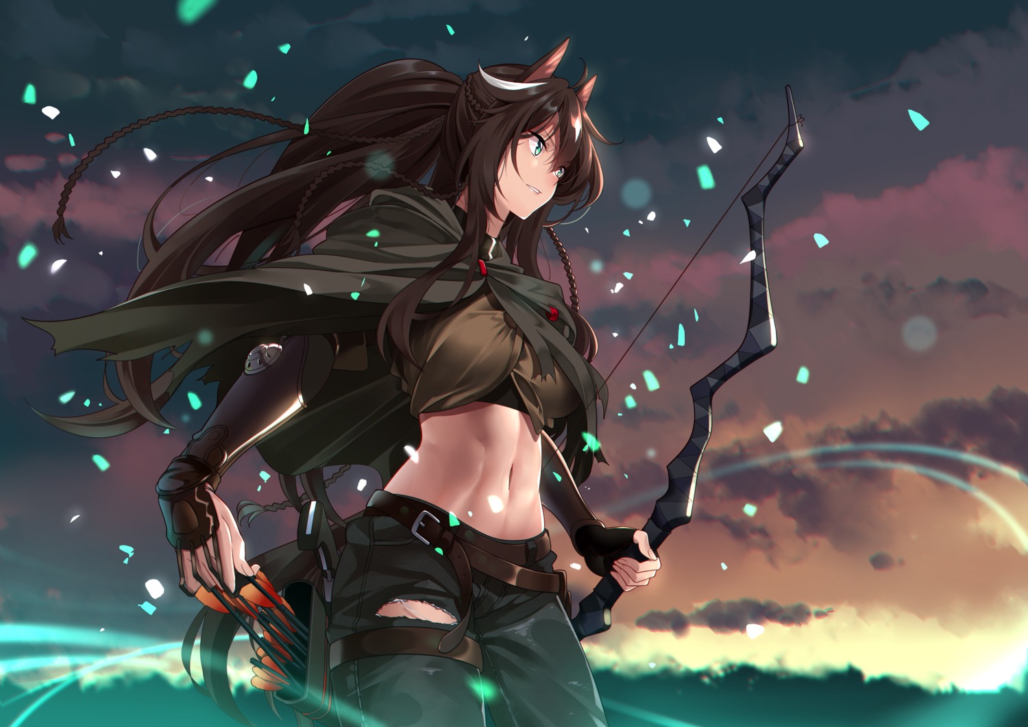 animal_ears, arknights, garter, meteor_(arknights), shijie_jianfa, torn_clothes, weapon