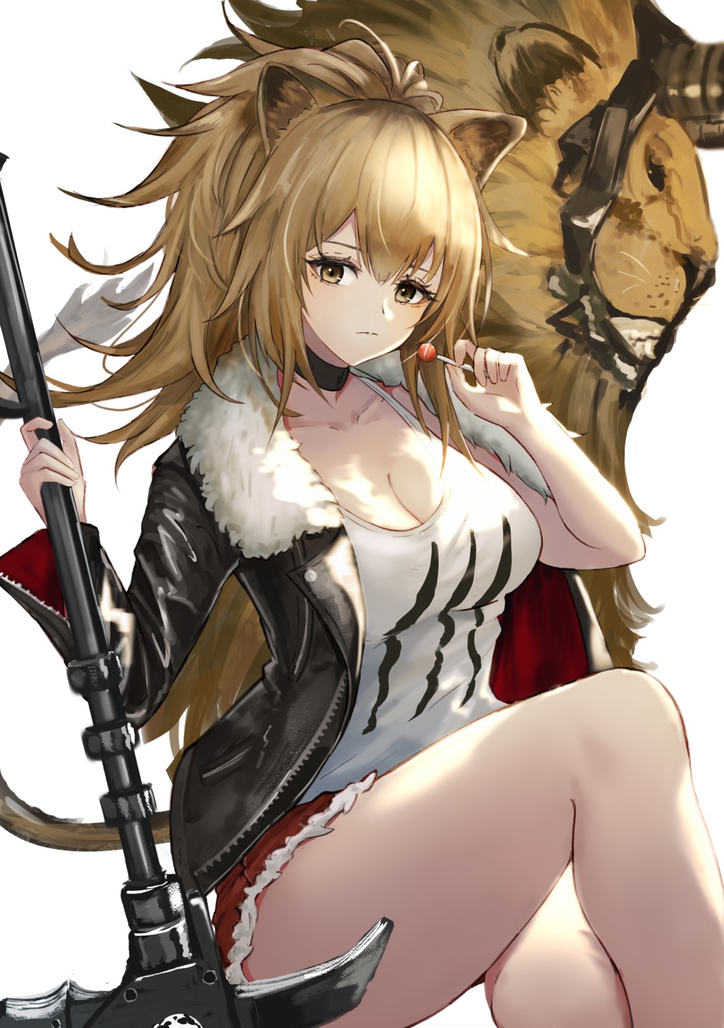animal_ears, arknights, cleavage, kuguiema, siege_(arknights), tail, weapon