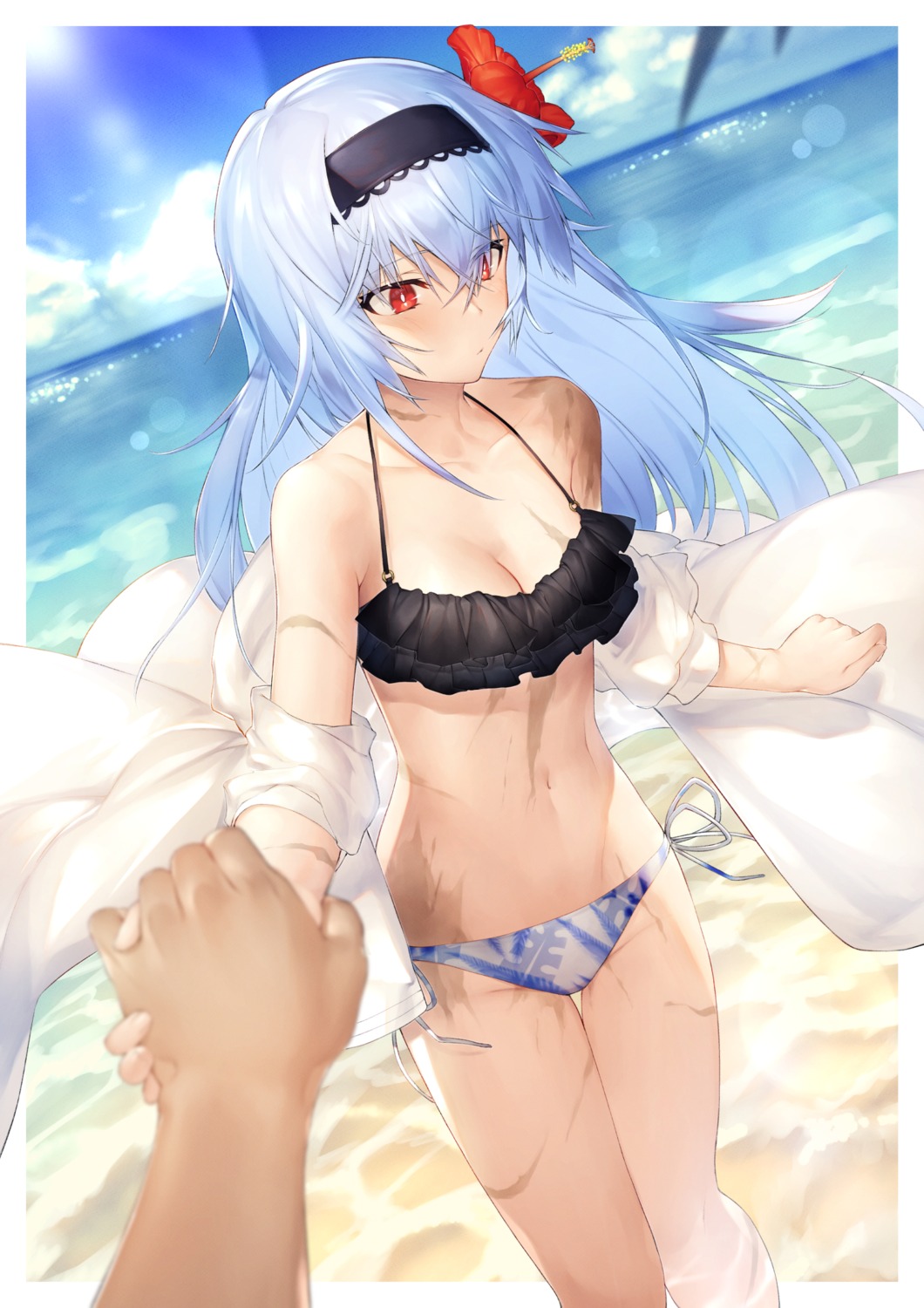 bikini, cleavage, dabuki, girls_frontline, open_shirt, see_through, swimsuits, thunder_(girls_frontline)
