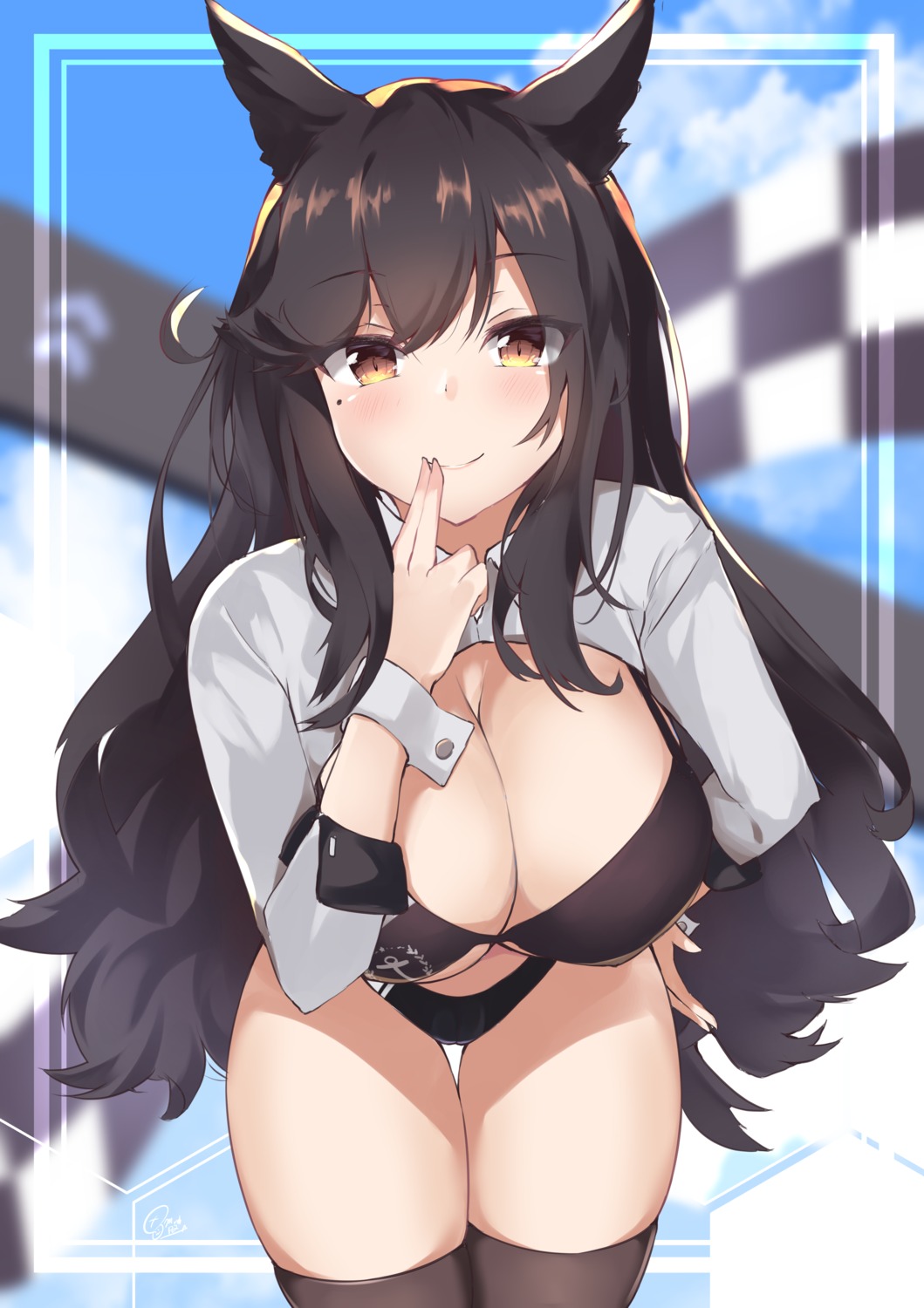 animal_ears, atago_(azur_lane), azur_lane, bikini, cleavage, mushpz, swimsuits, thighhighs