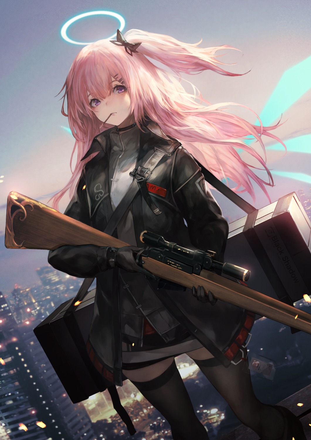 ambriel_(arknights), angel, arknights, gun, shirataki_jiro, thighhighs, uniform, wings