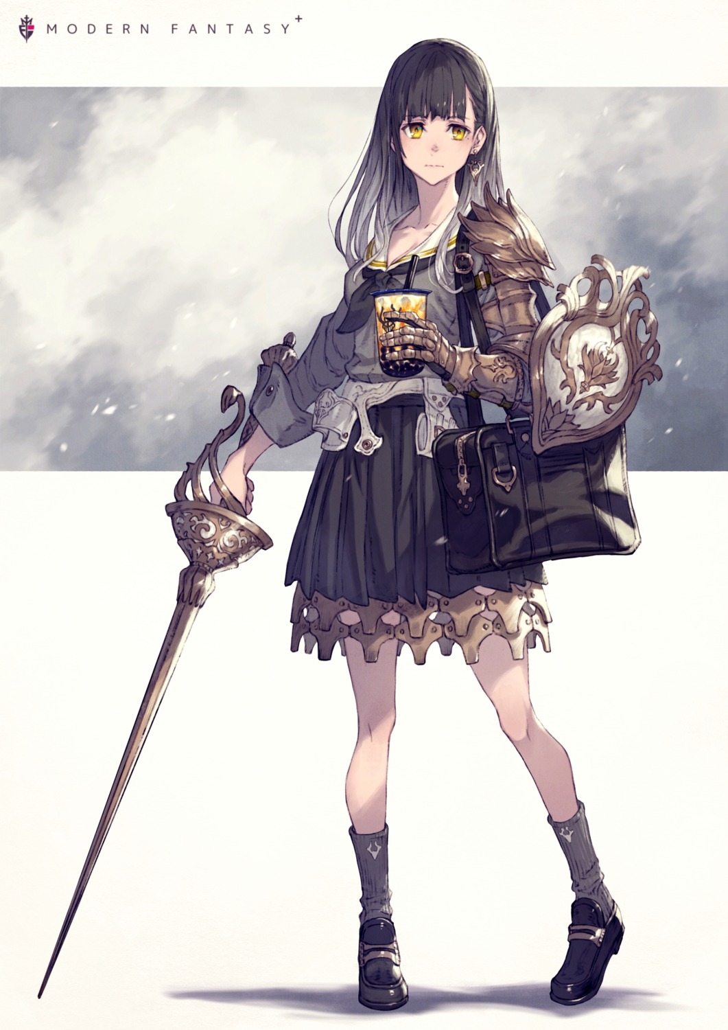 armor, cleavage, kusano_shinta, seifuku, sword