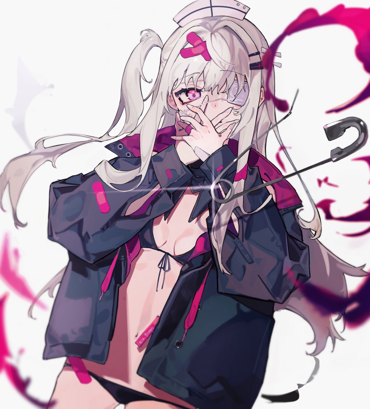 bandaid, bikini, eyepatch, open_shirt, swimsuits, u_tnmn