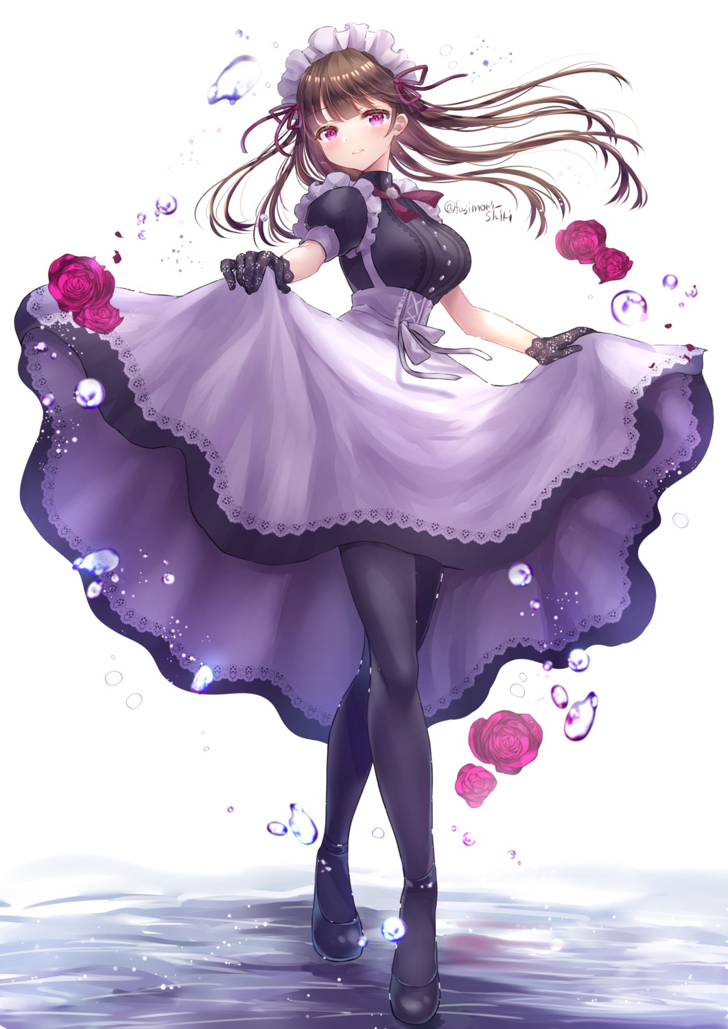 fujimori_shiki, maid, pantyhose, skirt_lift, wet