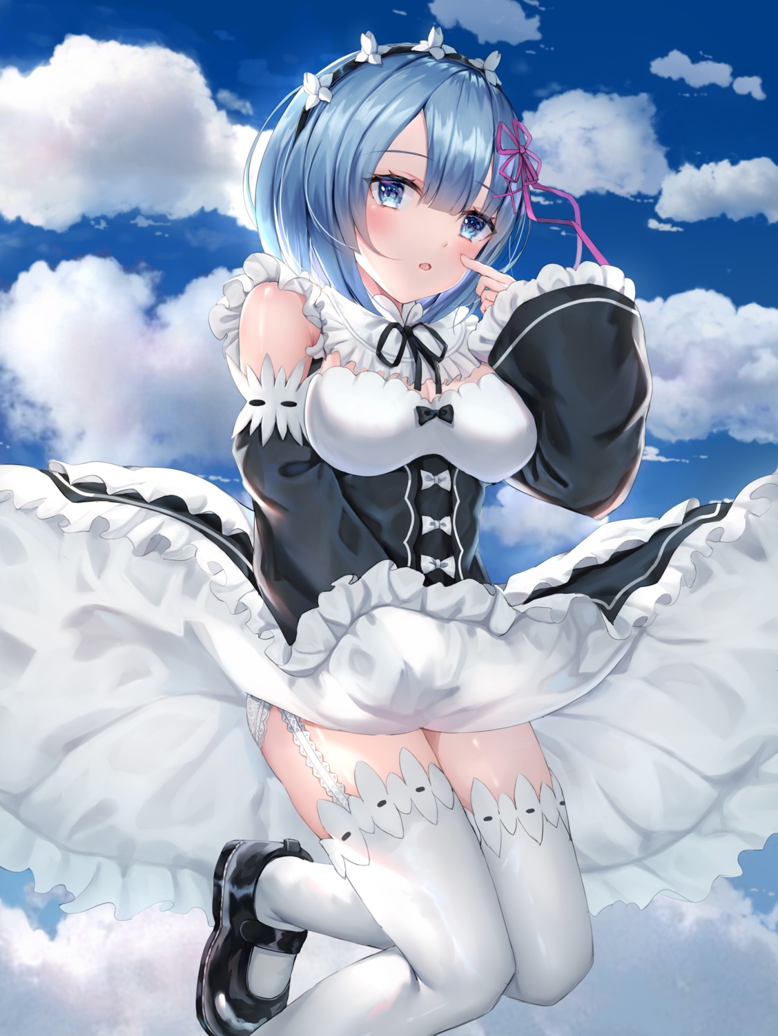 cleavage, linz, maid, pantsu, re:zero_kara_hajimeru_isekai_seikatsu, rem_(re_zero), skirt_lift, stockings, thighhighs