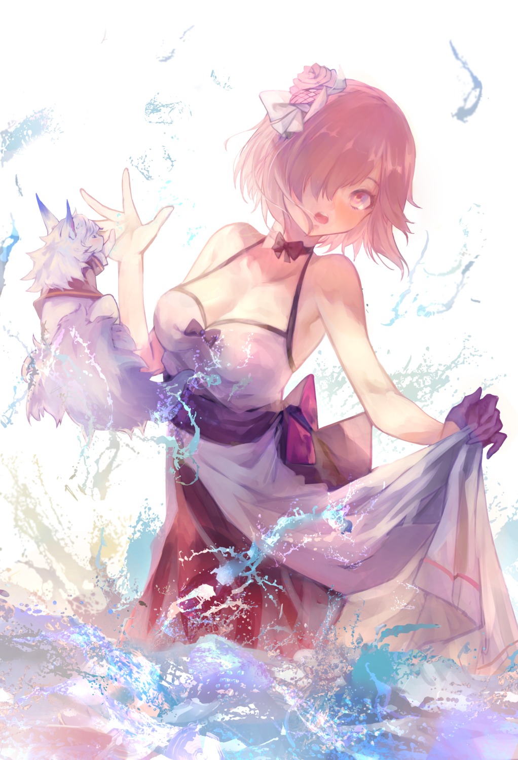 cath_palug_(fate), cleavage, dress, fate/grand_order, mash_kyrielight, saitogiulio, skirt_lift, wet