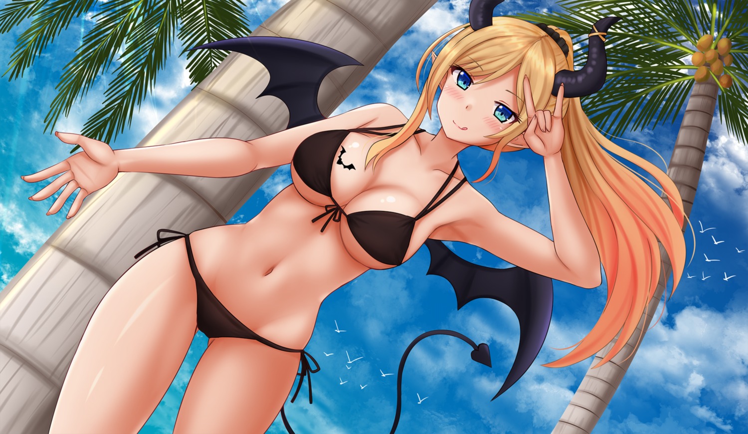 bikini, hololive, horns, kazenokaze, pointy_ears, swimsuits, tail, tattoo, wings, yuzuki_choco