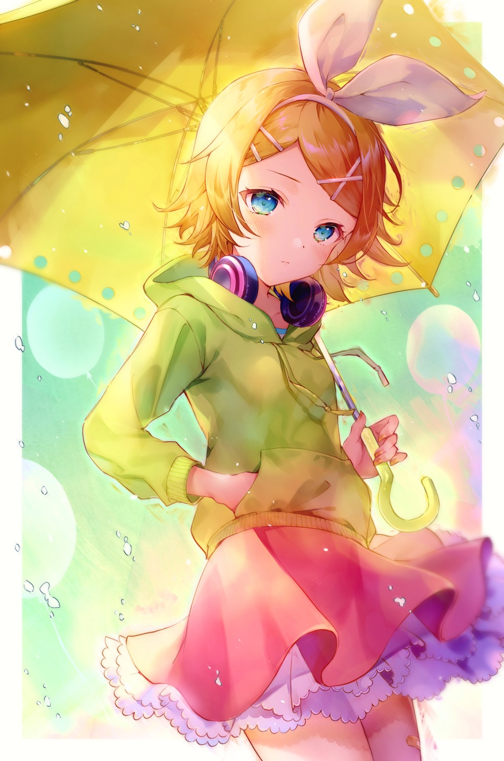bini, headphones, kagamine_rin, melancholic_(vocaloid), skirt_lift, umbrella, vocaloid
