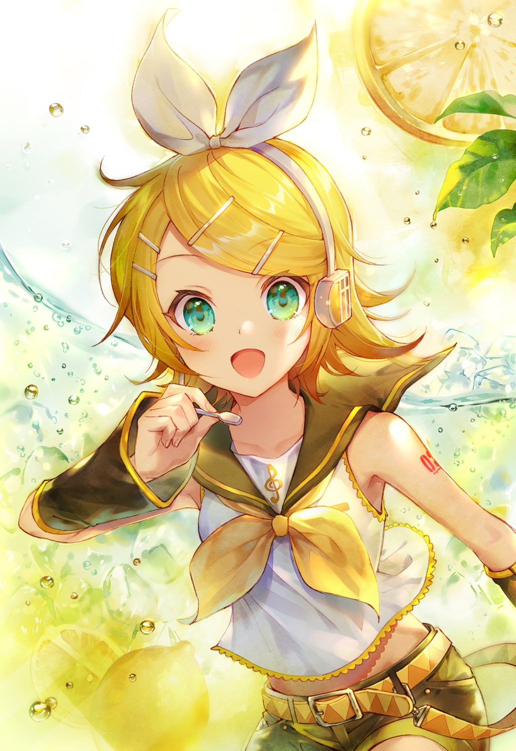 bini, headphones, kagamine_rin, seifuku, shirt_lift, tattoo, vocaloid