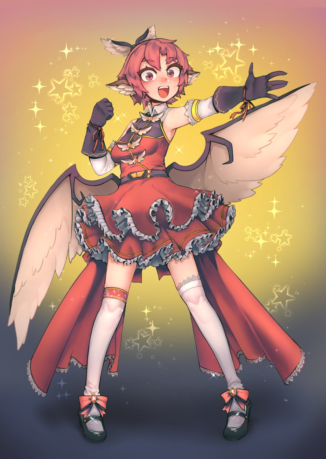 animal_ears, dress, heels, mystia_lorelei, pigeoncrow, thighhighs, touhou, wings