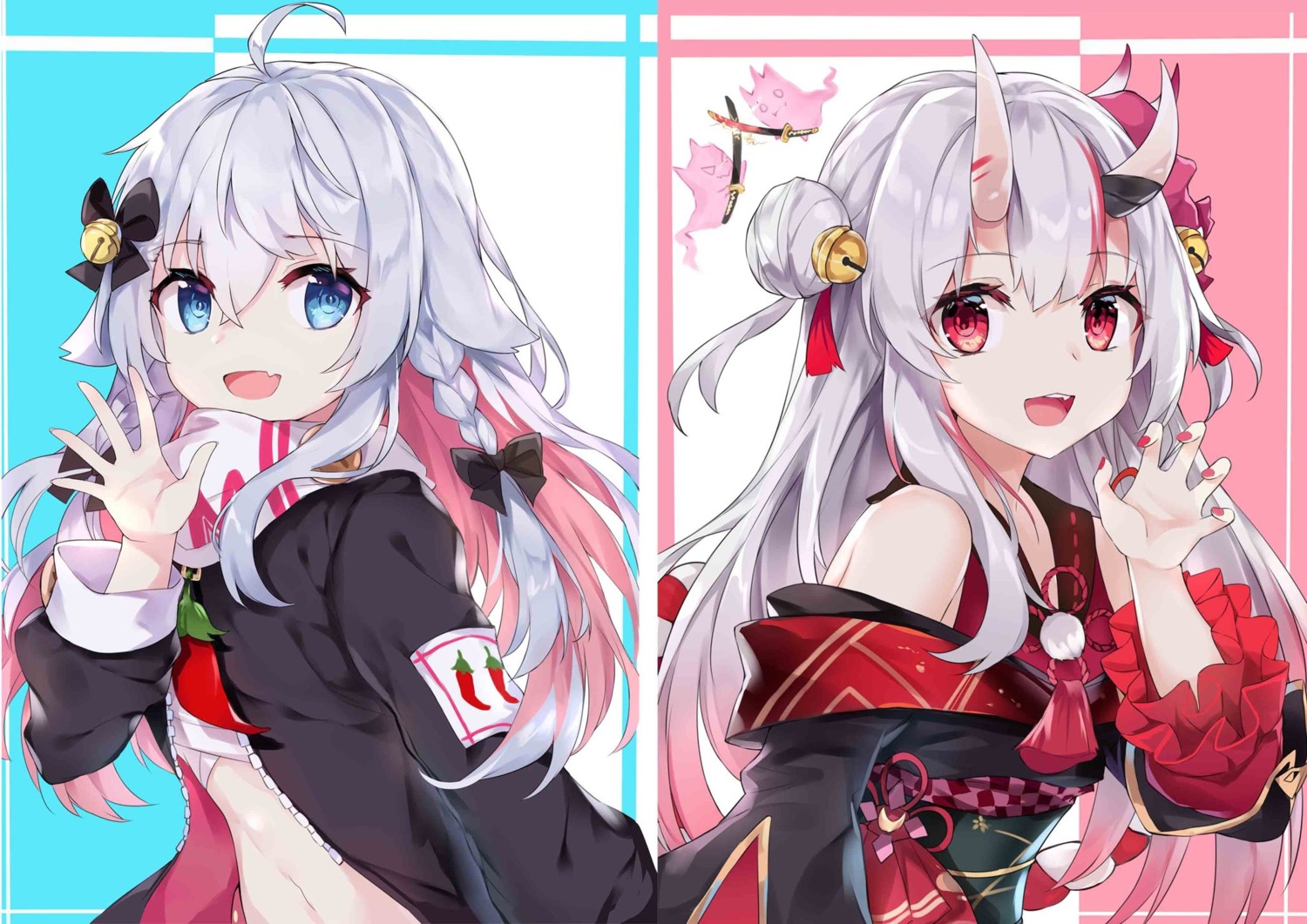 crossover, hololive, horns, indie_virtual_youtuber, japanese_clothes, kagura_nana, nakiri_ayame, sarashi