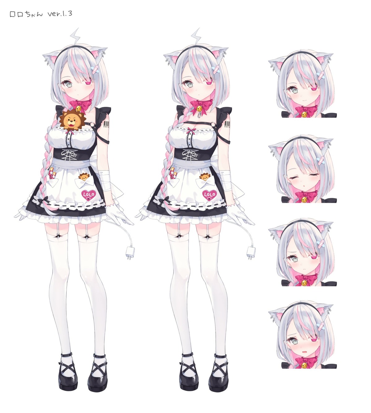 animal_ears, character_design, cleavage, expression, heterochromia, maid, roro-chan, rurudo, stockings, tail, tattoo, thighhighs