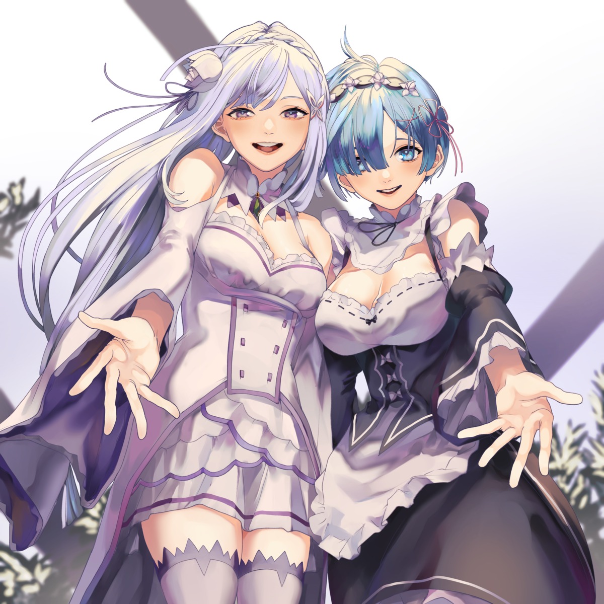 cleavage, emilia_(re_zero), eredhen, maid, re:zero_kara_hajimeru_isekai_seikatsu, rem_(re_zero), thighhighs