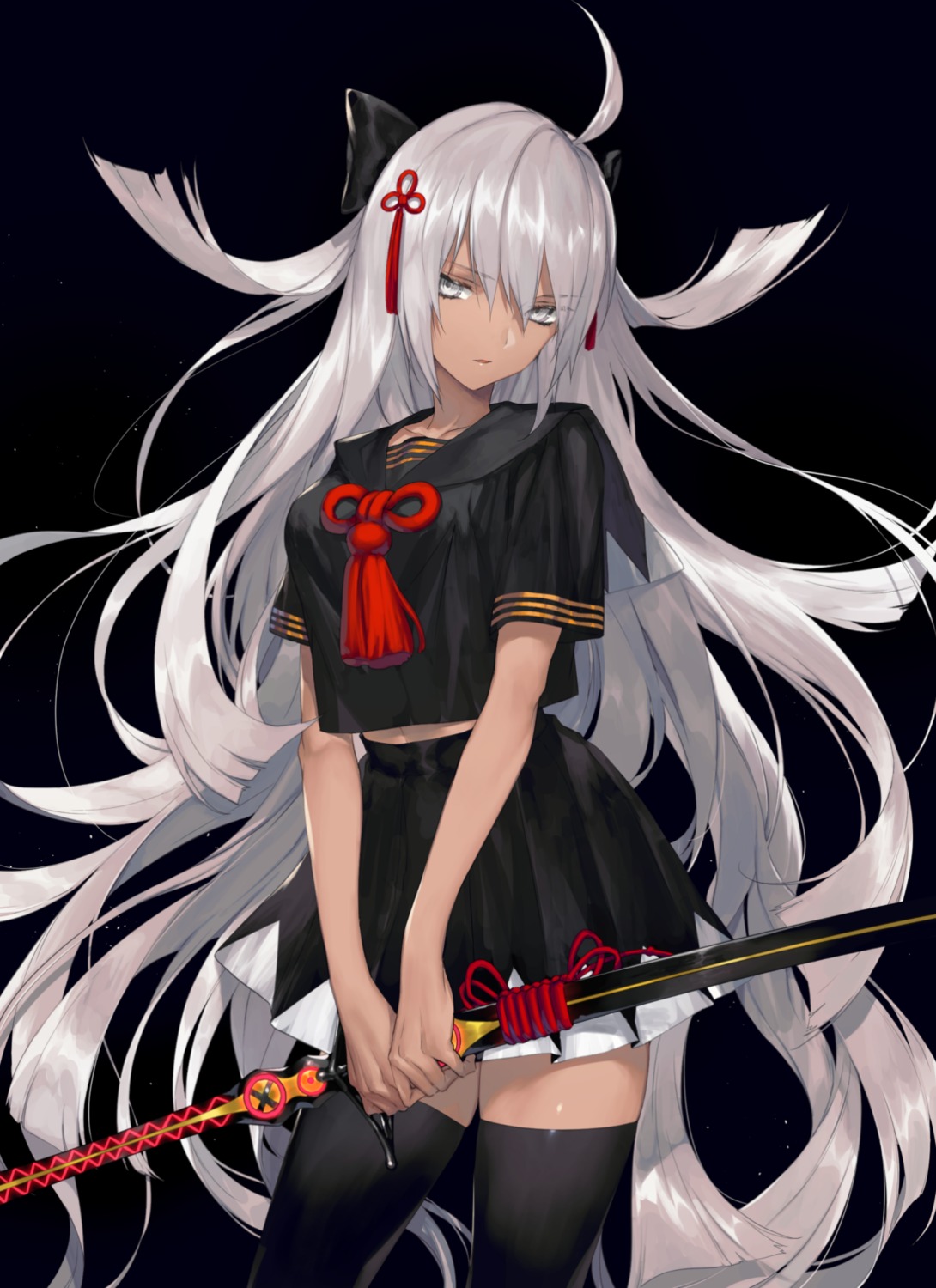 fate/grand_order, namakawa, okita_souji_(alter)_(fate), seifuku, sword, thighhighs