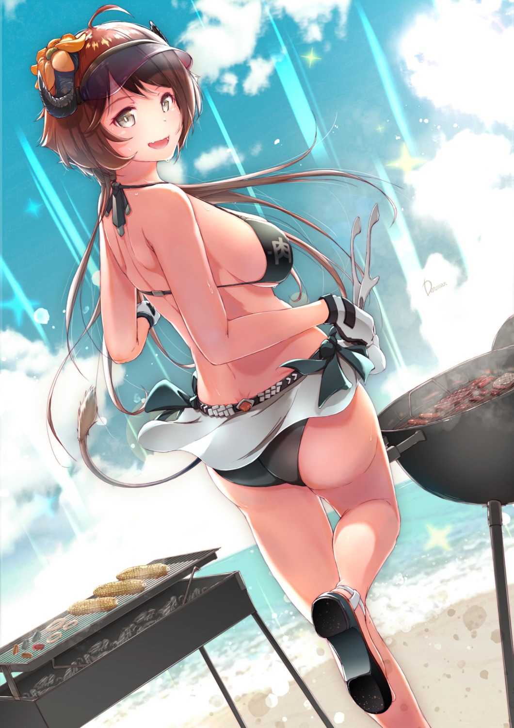arknights, ass, bikini, croissant_(arknights), dermar, heels, horns, skirt_lift