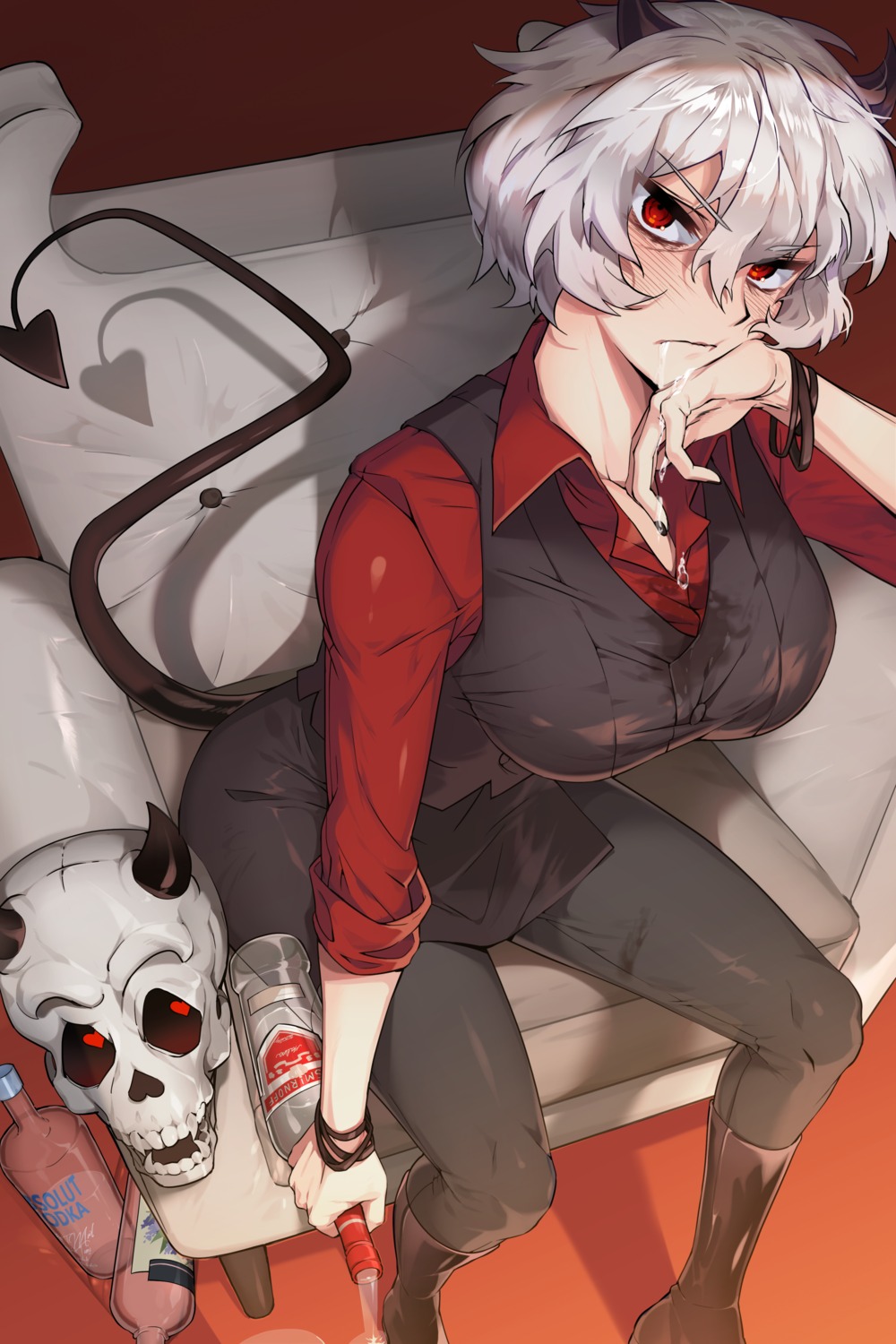 business_suit, helltaker, horns, malina_(helltaker), pantyhose, tail, tantan_(xrvf2288)