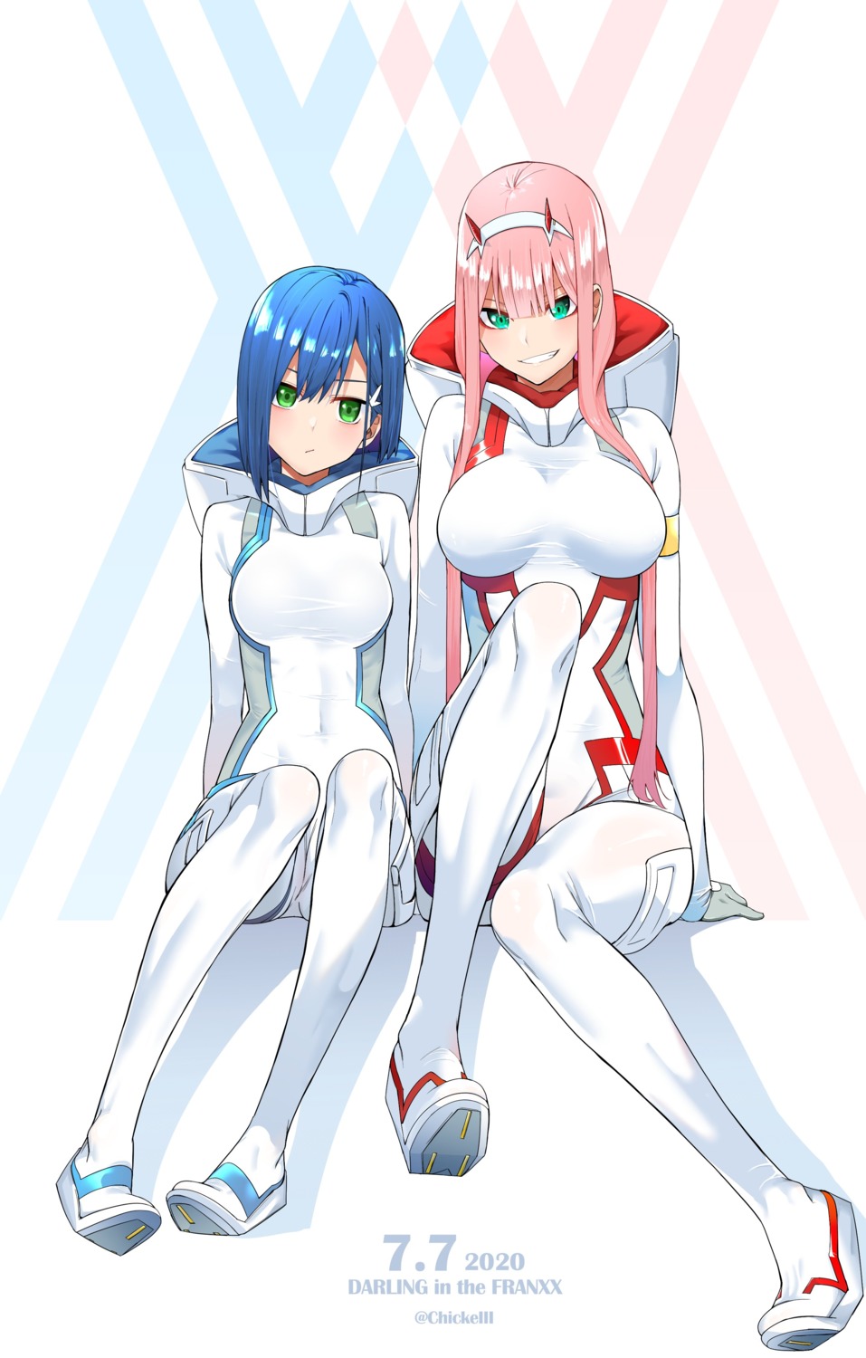 bodysuit, chicke_iii, darling_in_the_franxx, horns, ichigo_(darling_in_the_franxx), zero_two_(darling_in_the_franxx)
