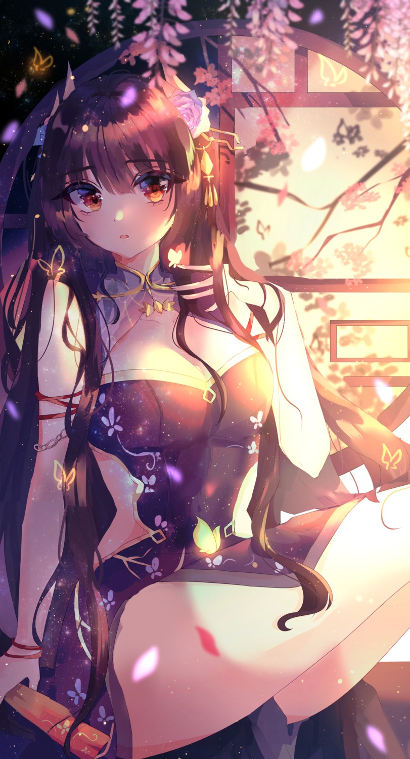 artist_revision, asian_clothes, azur_lane, cleavage, hiei_(azur_lane), horns, skirt_lift, wine_(2148_wine)