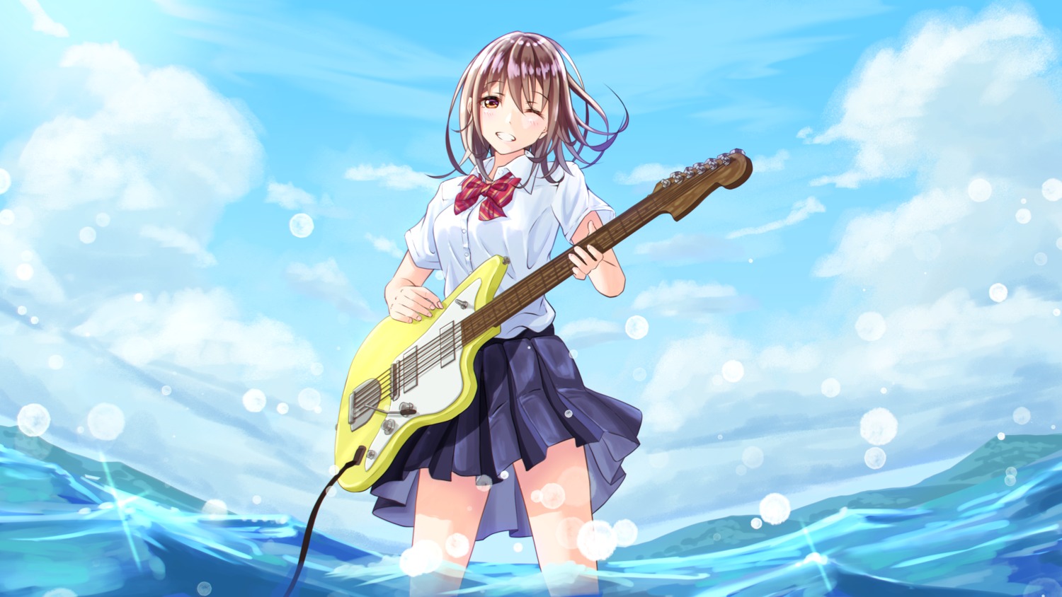 guitar, seifuku, tenryou_sena, wallpaper, wet