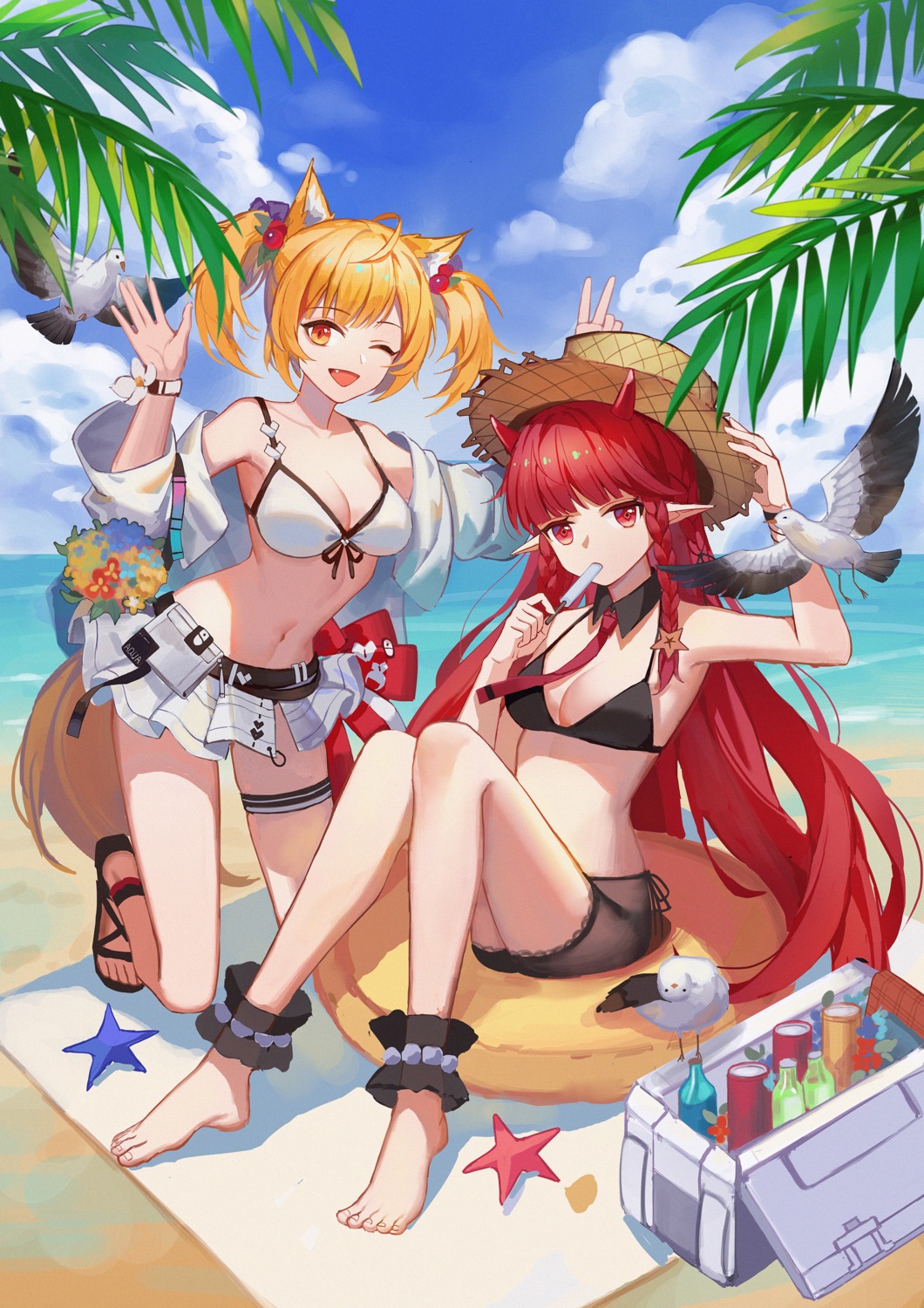 animal_ears, arknights, bikini, cleavage, feet, garter, horns, lingye_mikazuki