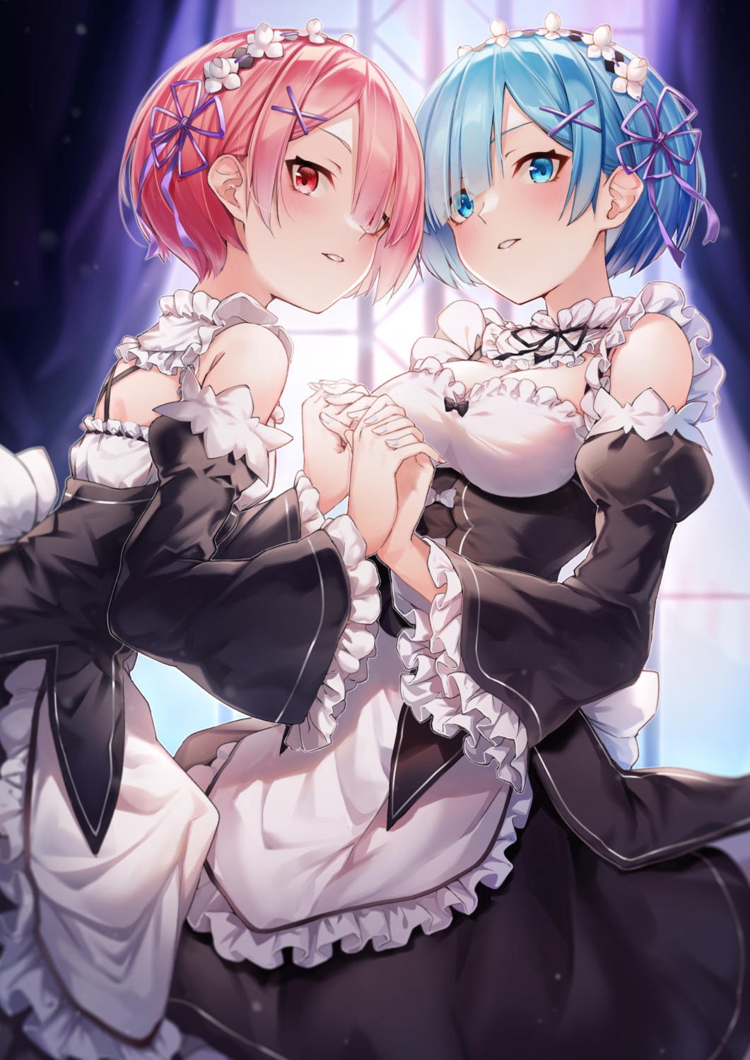 cleavage, hachiroku_(hatirokusann86), maid, ram_(re_zero), re:zero_kara_hajimeru_isekai_seikatsu, rem_(re_zero)