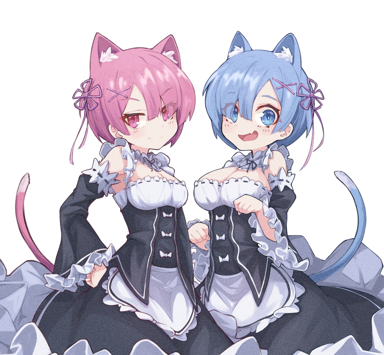 animal_ears, cleavage, maid, mmhomm, nekomimi, ram_(re_zero), re:zero_kara_hajimeru_isekai_seikatsu, rem_(re_zero), tail