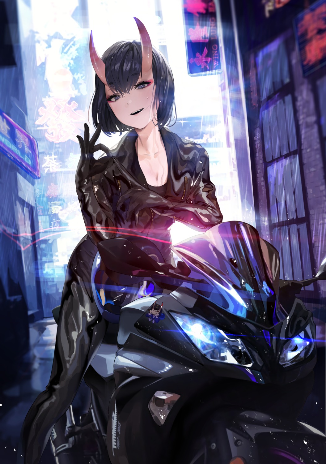 bodysuit, cleavage, fate/grand_order, horns, shuten_douji_(fate), undressing, uthy