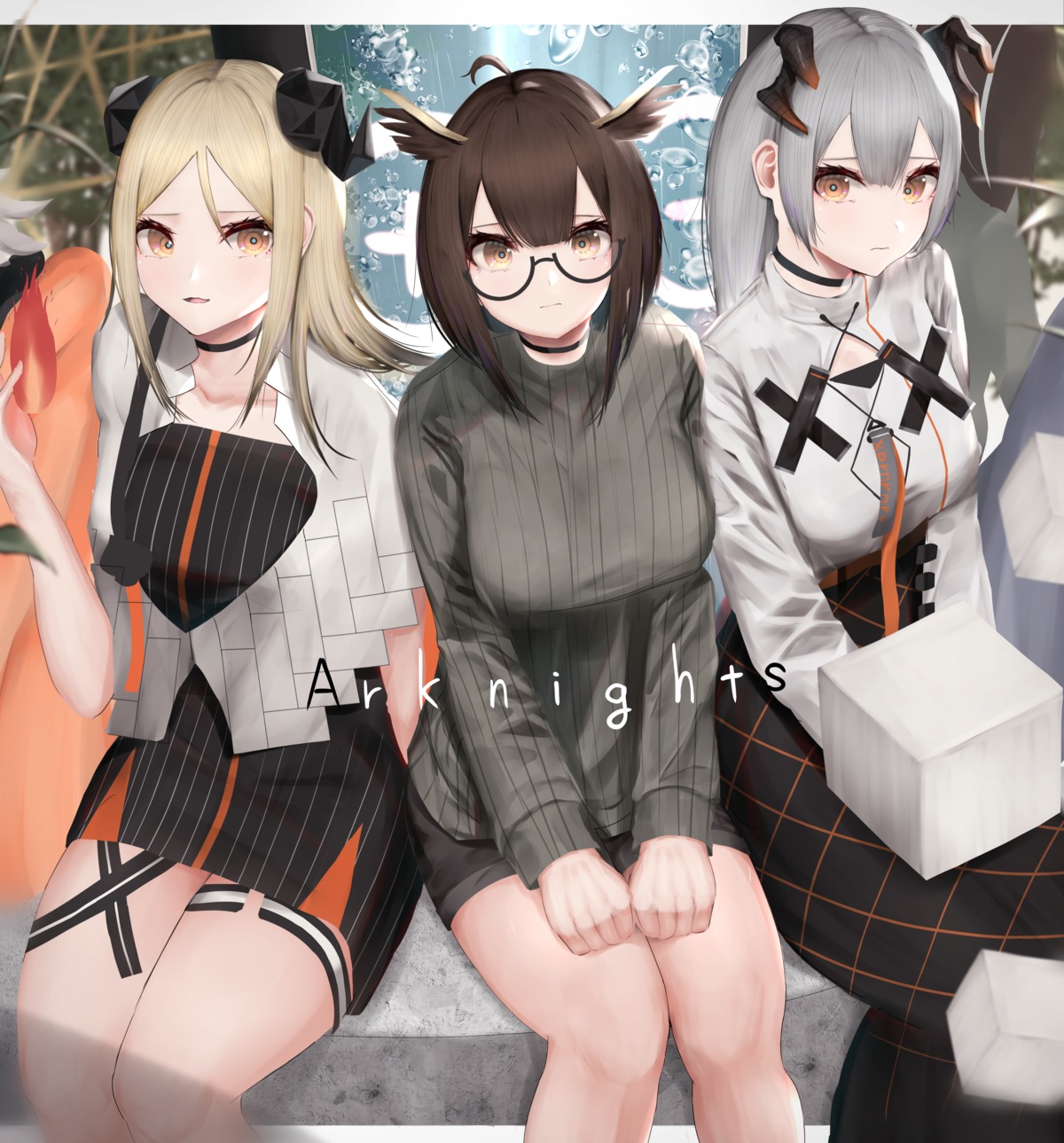 arknights, garter, horns, ifrit_(arknights), megane, mo_(mainiti_omoti), saria_(arknights), silent_(arknights)