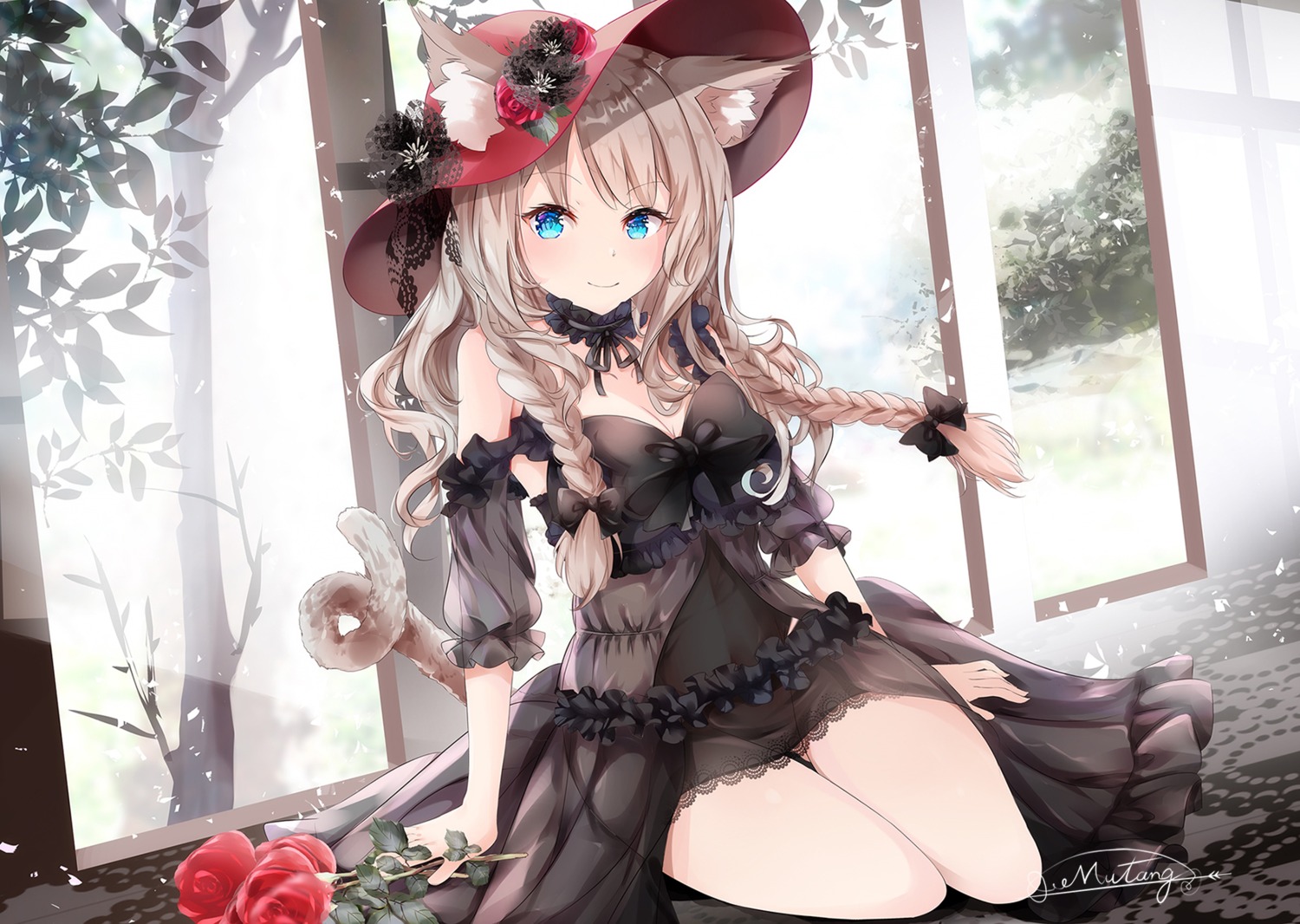 animal_ears, cleavage, dress, mutang, nekomimi, see_through, tail