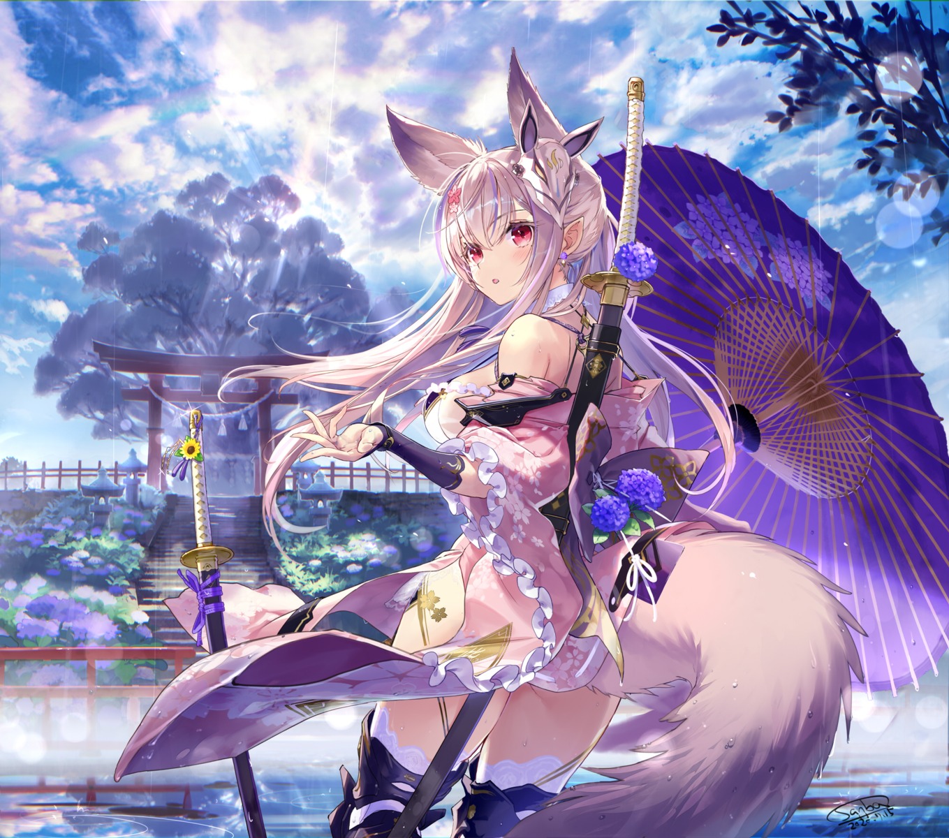 animal_ears, armor, japanese_clothes, kitsune, sanbasou, skirt_lift, sword, tail