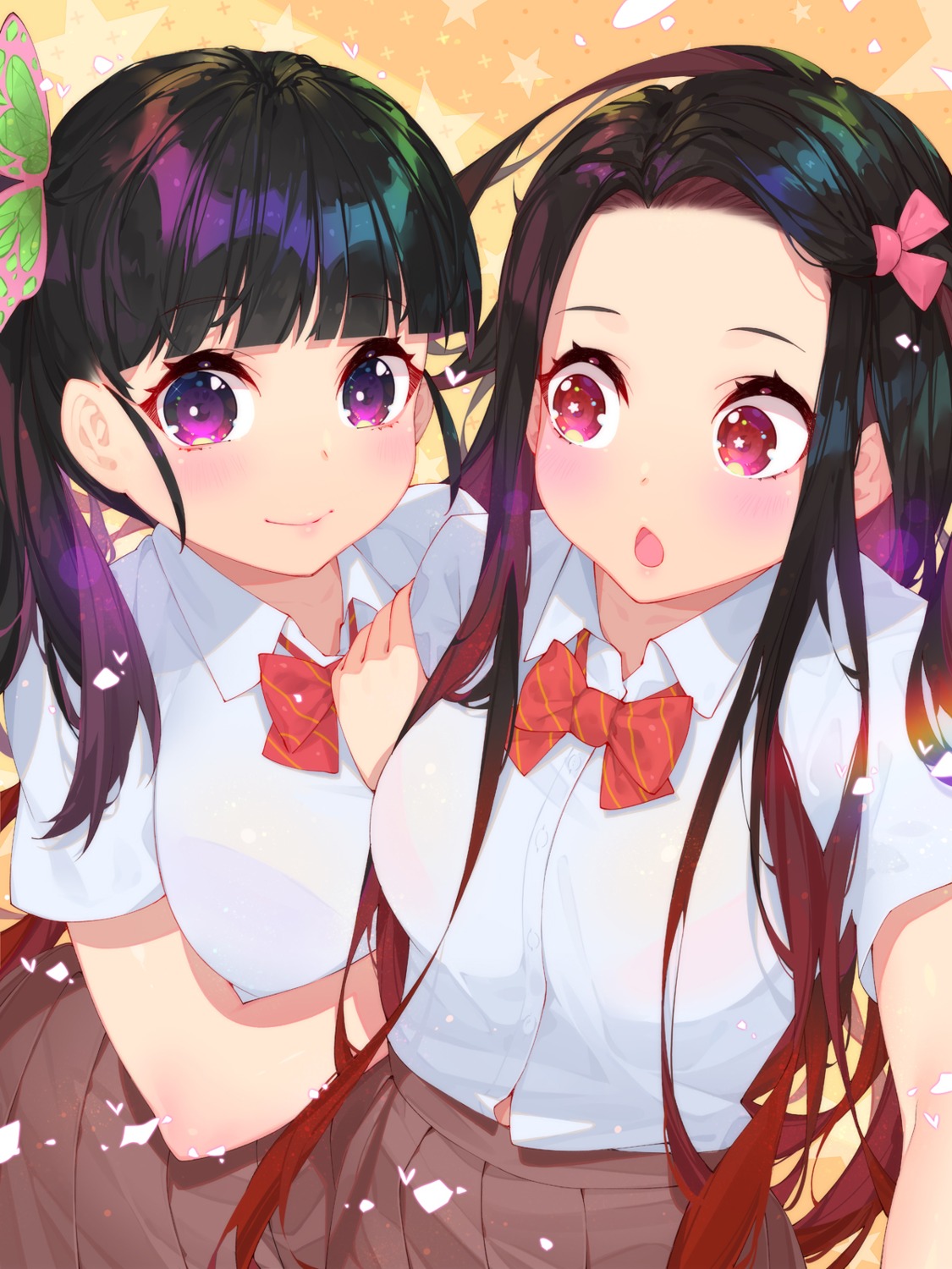 kamado_nezuko, kimetsu_no_yaiba, seifuku, tsuyuri_kanao, waterring, yuri