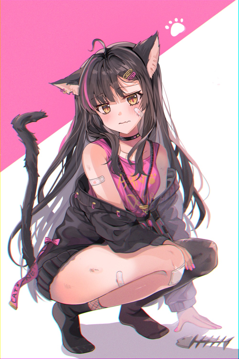 animal_ears, bandaid, chocho_(homelessfox), nekomimi, sweater, tail