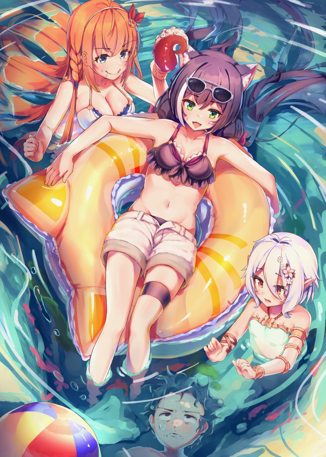 bikini, garter, jiyasu, jiyasumocomoco, karyl_(princess_connect), kokkoro, megane, pecorine, pointy_ears, princess_connect!, princess_connect!_re:dive, swimsuits, wet