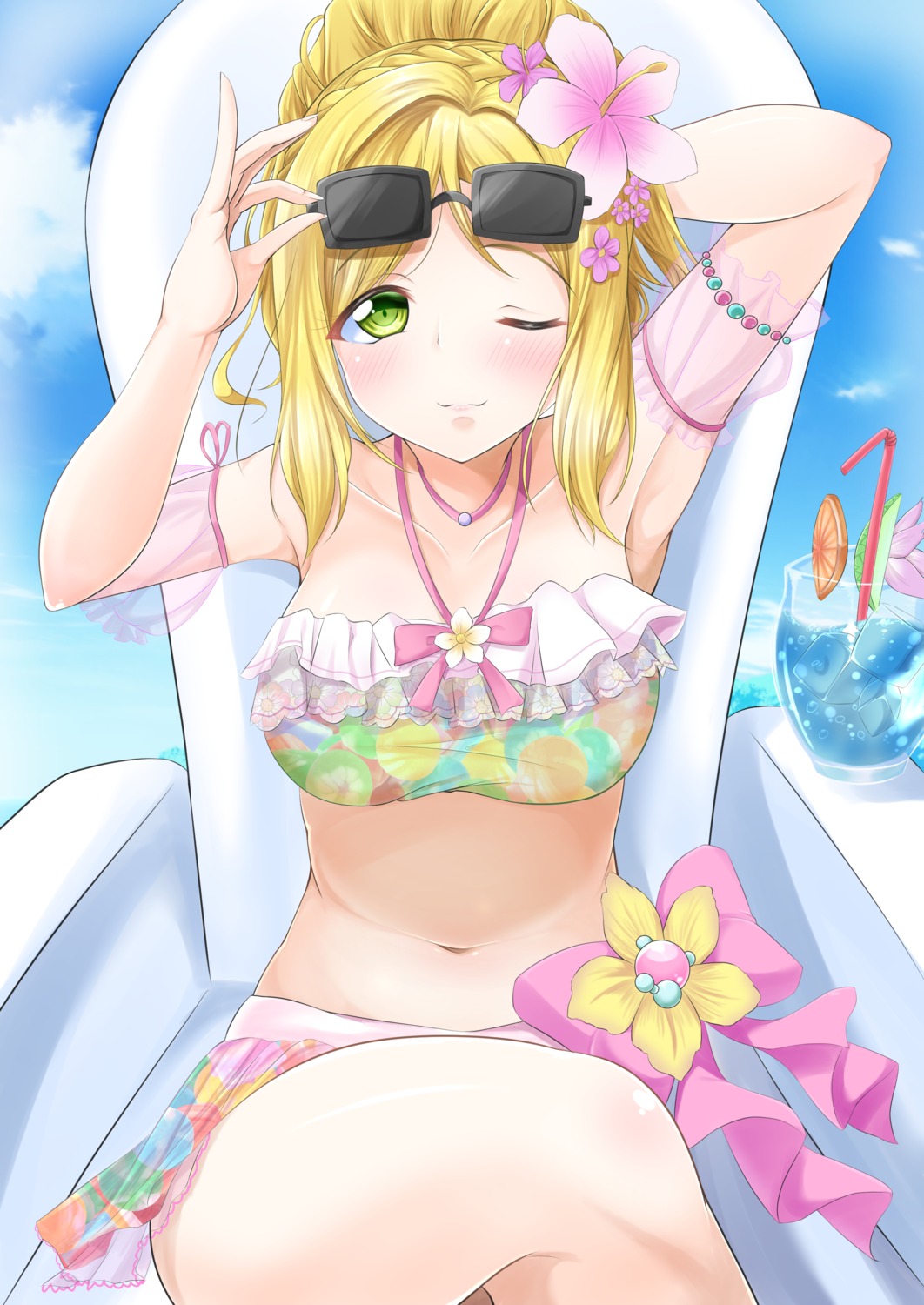 asakawa-san_(8107ka), bikini, cleavage, love_live!_(series), love_live!_sunshine!!, megane, ohara_mari, skirt_lift, swimsuits