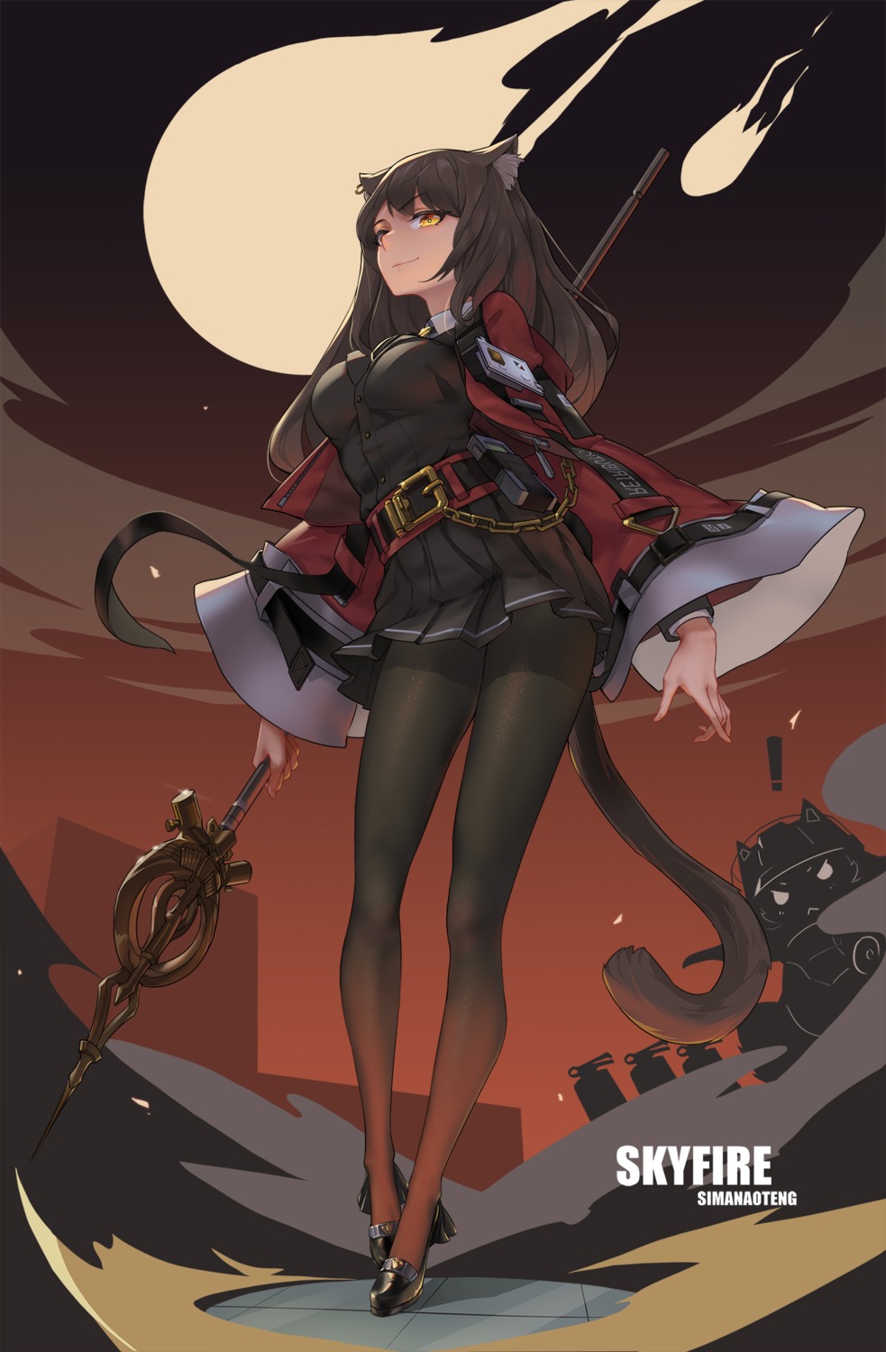 animal_ears, arknights, pantyhose, shaw_(arknights), sima_naoteng, skyfire_(arknights), tail, weapon