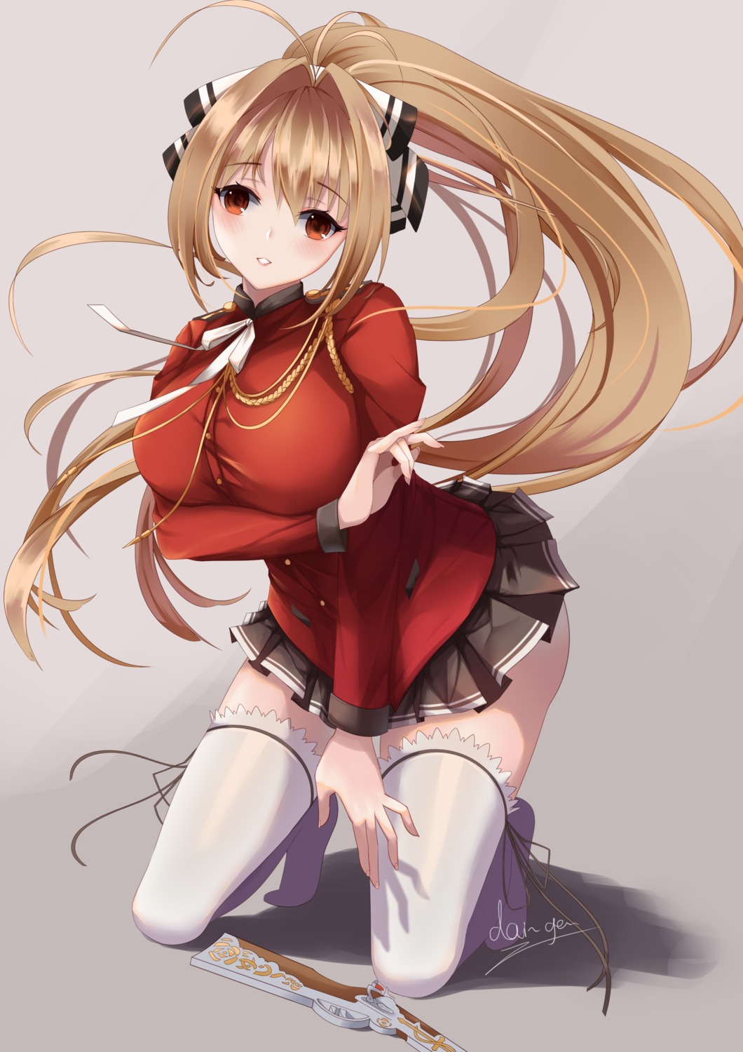 amagi_brilliant_park, breast_hold, daidai_gege, gun, sento_isuzu, skirt_lift, thighhighs, uniform