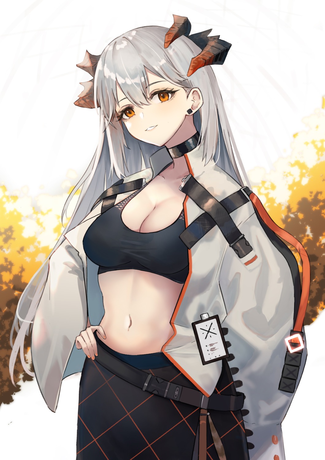 arknights, bra, cleavage, horns, kuguiema, open_shirt, saria_(arknights)