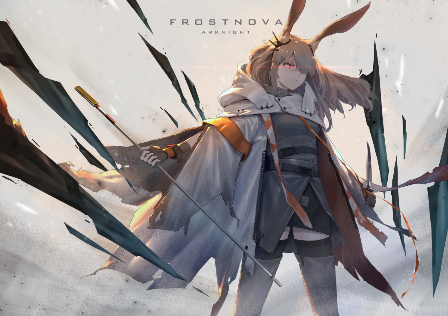 animal_ears, areaaaron, arknights, bunny_ears, frostnova_(arknights), thighhighs, torn_clothes, weapon