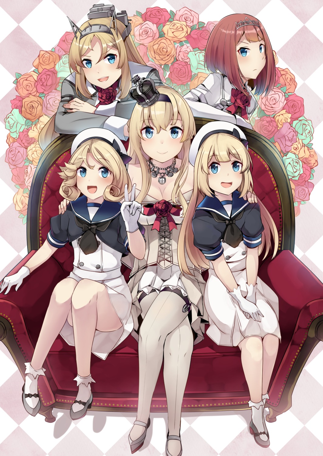 ark_royal_(kancolle), cleavage, heels, ido_(teketeke), janus_(kancolle), jervis_(kancolle), kantai_collection, nelson_(kancolle), no_bra, seifuku, skirt_lift, thighhighs, warspite_(kancolle)