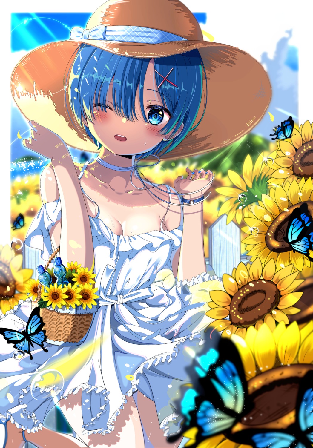 azumi_(mocha), cleavage, dress, heels, no_bra, re:zero_kara_hajimeru_isekai_seikatsu, rem_(re_zero), skirt_lift
