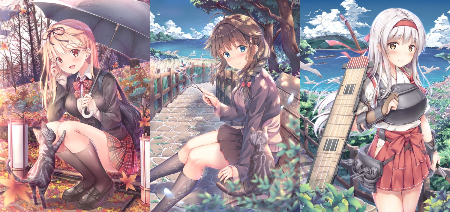 armor, kantai_collection, neko, seifuku, shigure_(kancolle), shoukaku_(kancolle), skirt_lift, sweater