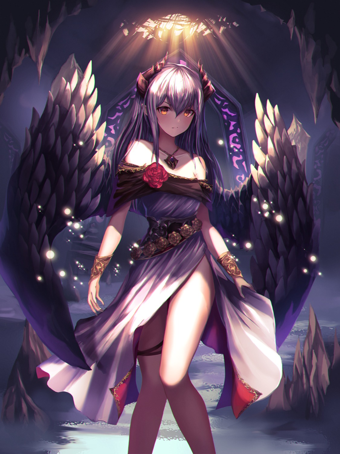 dress, garter, horns, luc_(kor), skirt_lift, wings