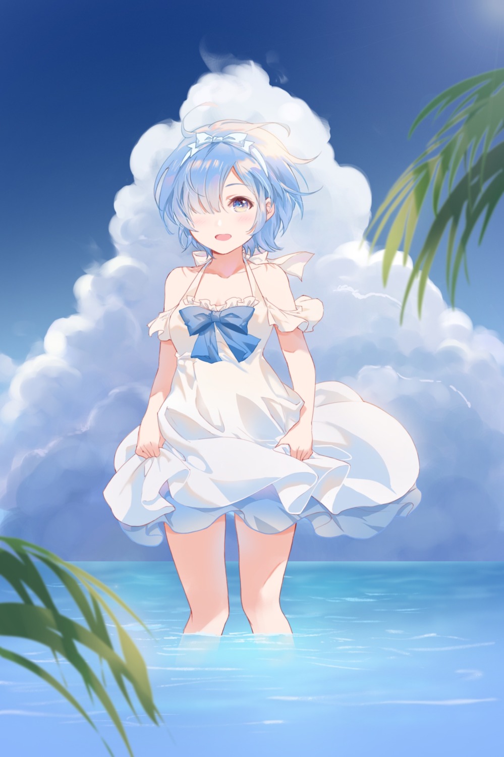 dress, re:zero_kara_hajimeru_isekai_seikatsu, rem_(re_zero), shangguan_feiying, skirt_lift, summer_dress, wet